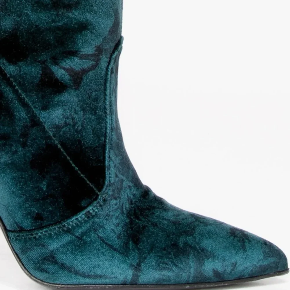Beautiisoles by Robyn Shreiber Marilia Thigh High Green Floral Velvet Boots